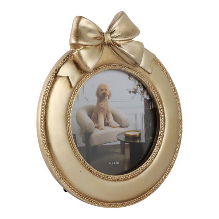 Sagebrook Home - Wholesale Picture Frame - Gold 4x4 in. Polyresin Glam Round Photo Frame with Bow