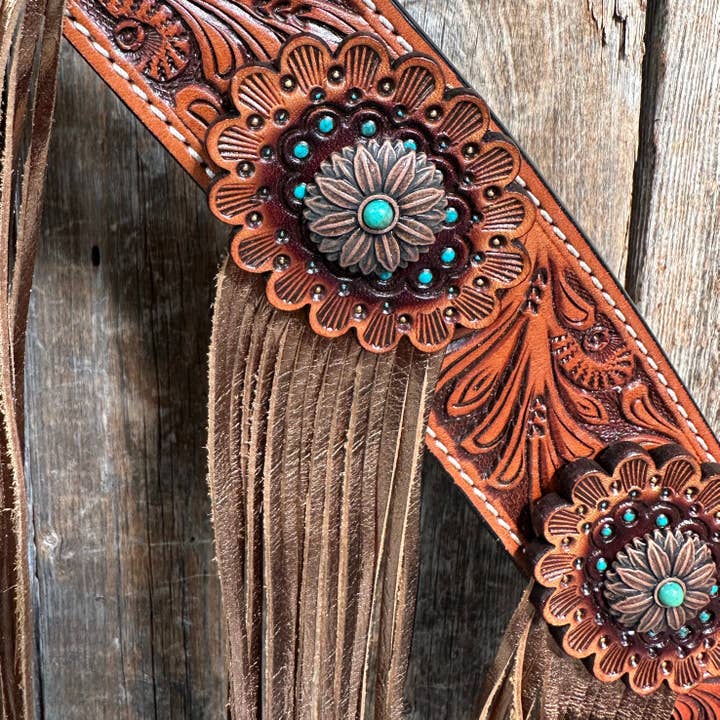 Rodeo Drive – wholesale Horseback riding gear – Honey Colored Floral Copper and Turquoise Tack Set #BBBC5294