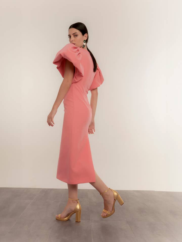 Dolores Promesas - Wholesale Dress - Women's - Coral balloon sleeve straight midi dress5