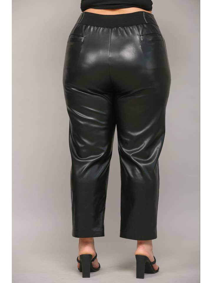 BLACK FAUX LEATHER BANDING PANTS WITH 3 METAL BUTTONS FP61021P for wholesale on Faire7