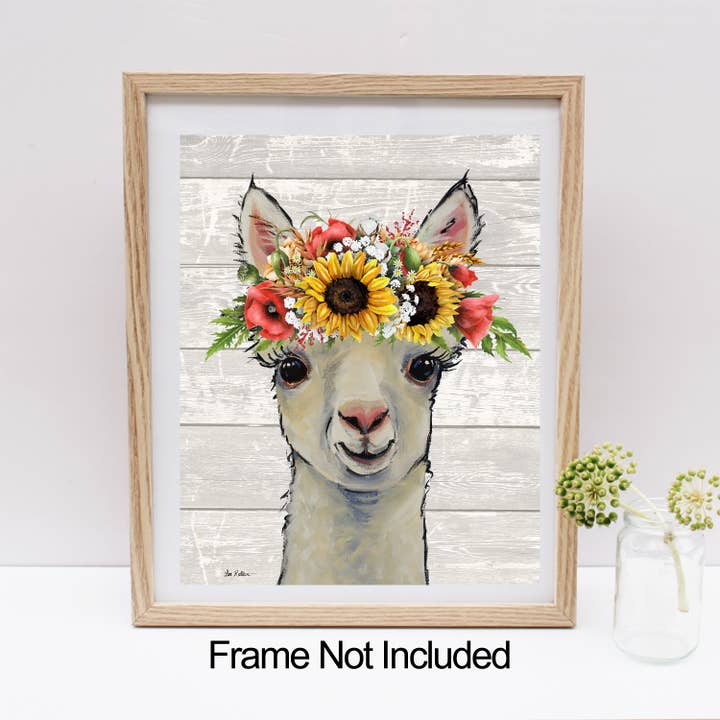 Alpaca Art Print 'Sophie" Rustic Sunflower Farm Animal Art for wholesale by Hippie Hound Studios