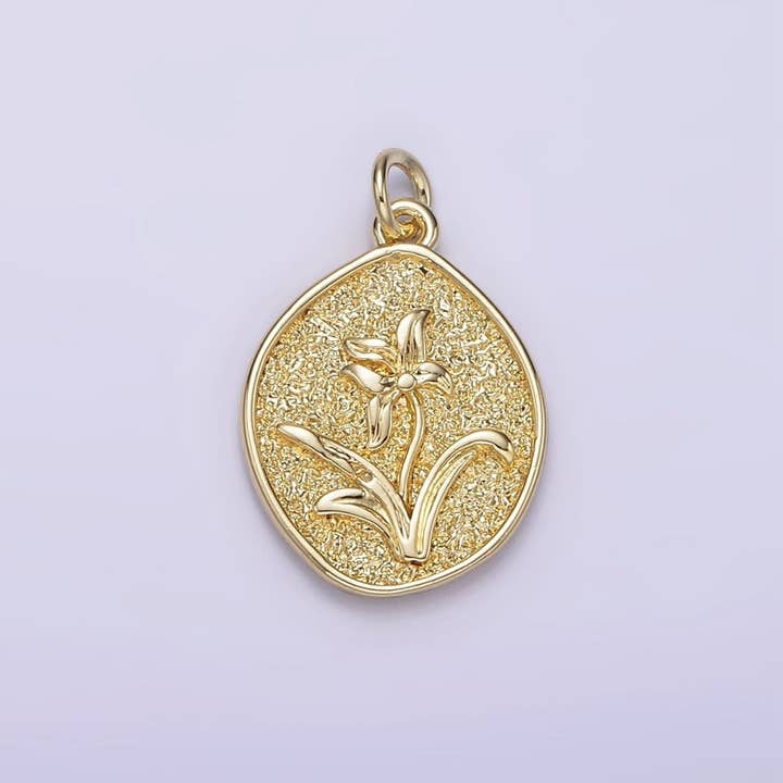 Aim Eternal - Vente Breloques/médailles personnalisées - Pendentif personnalisé recto-verso en or rempli 14K avec fleur de naissance de mai Lily martelée estampée | AG245