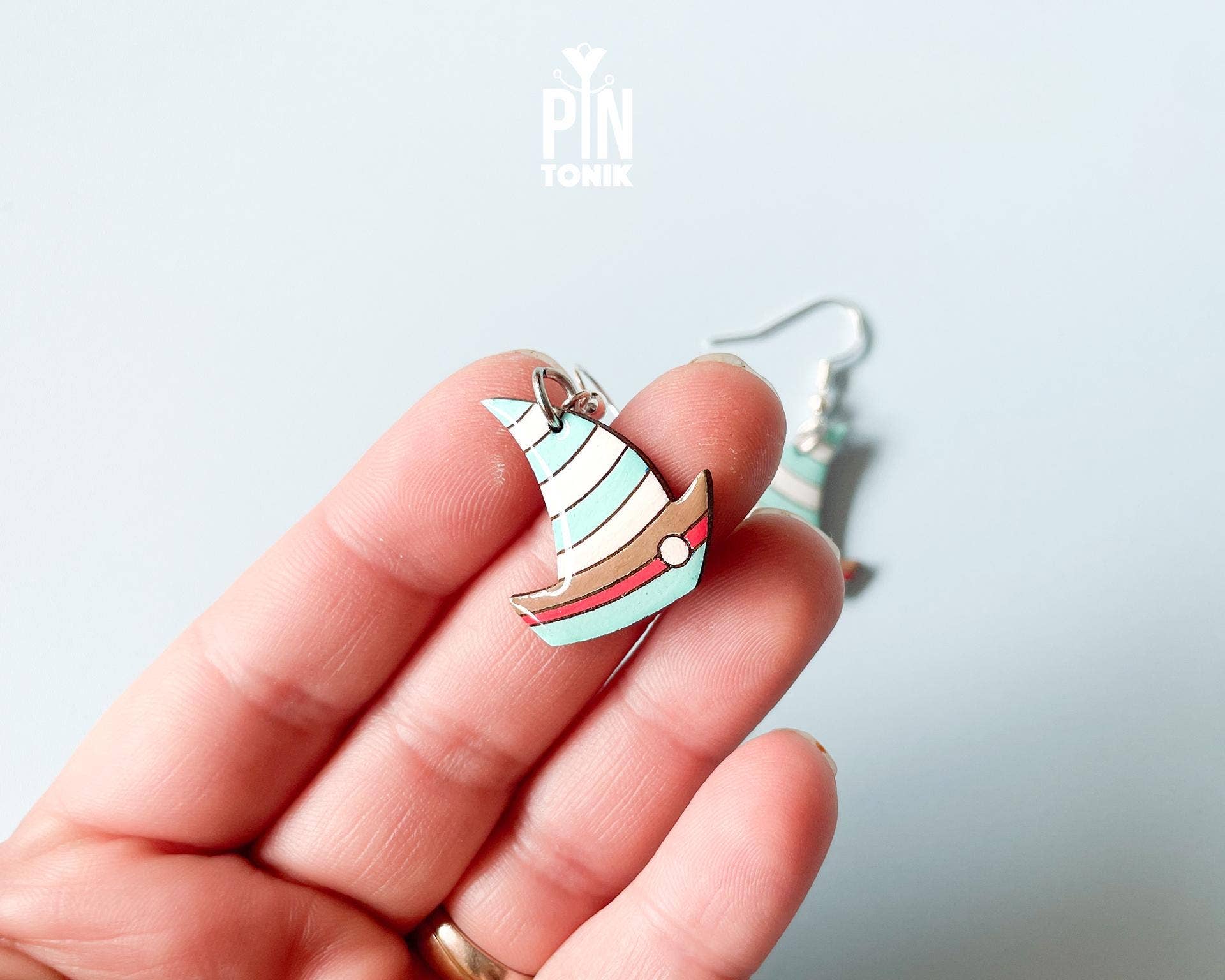 PinTonik - Wholesale Dangle Earrings - Wooden Boat Earrings with Sterling Silver Hooks2