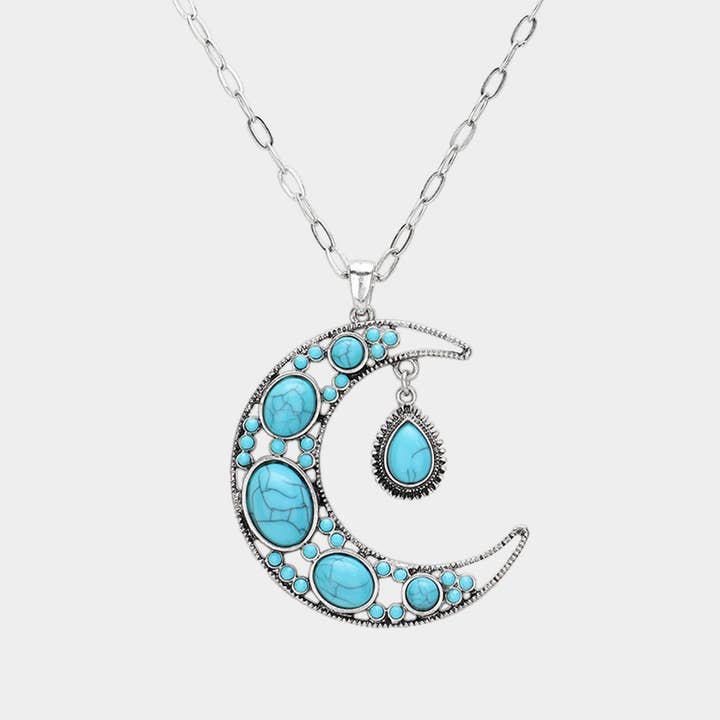 Bohemian Western Turquoise Stone Embellished Crescent Pendant Necklace for wholesale by Sensibling Corp.