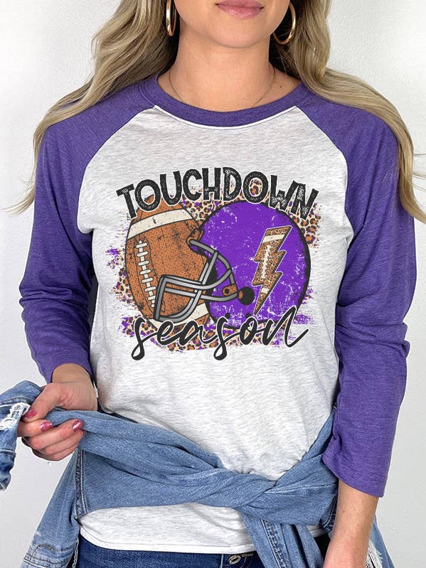 Gameday Football Purple Touchdown Season Raglan 206225 for wholesale by Cali Boutique Wholesale
