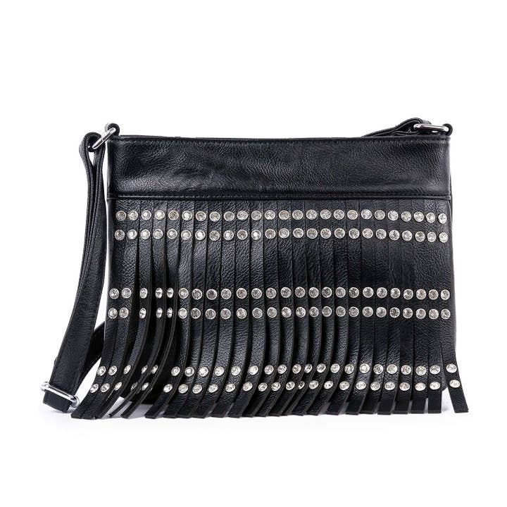 Black Studded Stone Fringed Shoulder Bag for wholesale on Faire