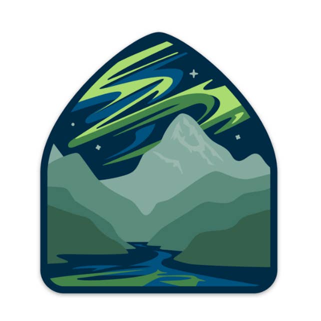 Autocollant Aurora Borealis : Montagnes avec aurores boréales pour la vente par Bough & Antler Northwest Goods