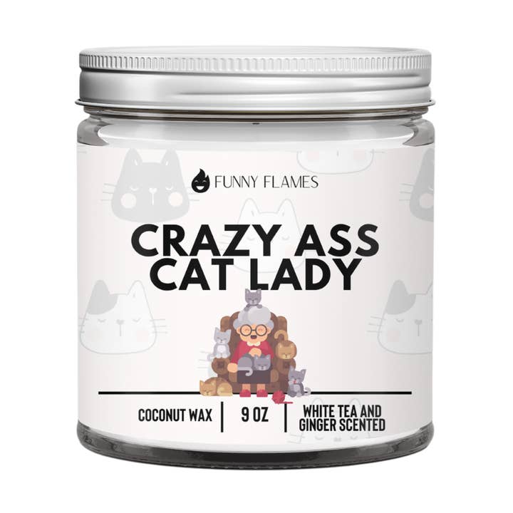 Crazy Ass Cat Lady - Funny Cat - Duftlys for engroshandel hos Funny Flames Candle Co - Les Creme