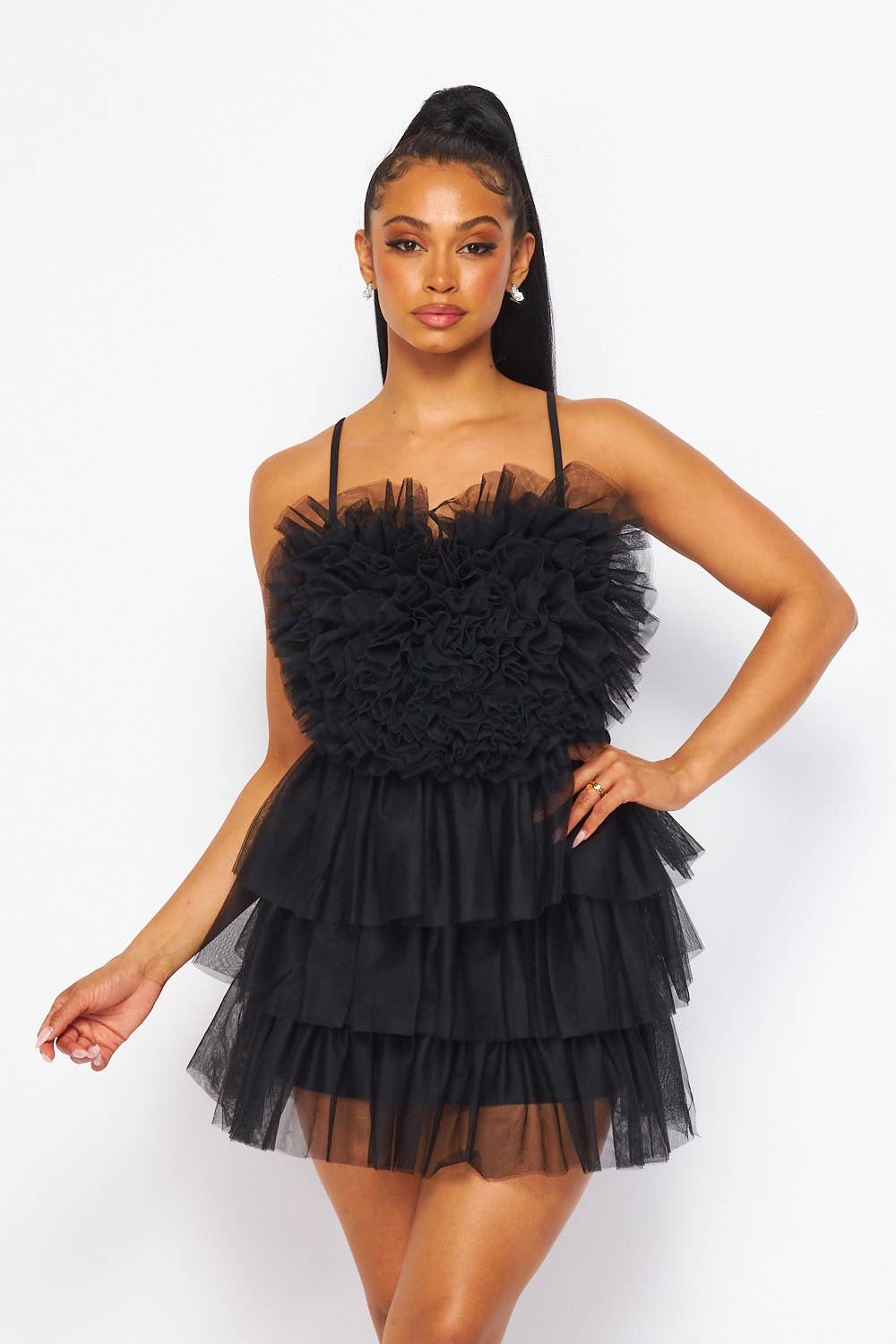Blk Mini-robe à volants en tulle avec tout mon cœur (HDD30039) en vente sur Faire0