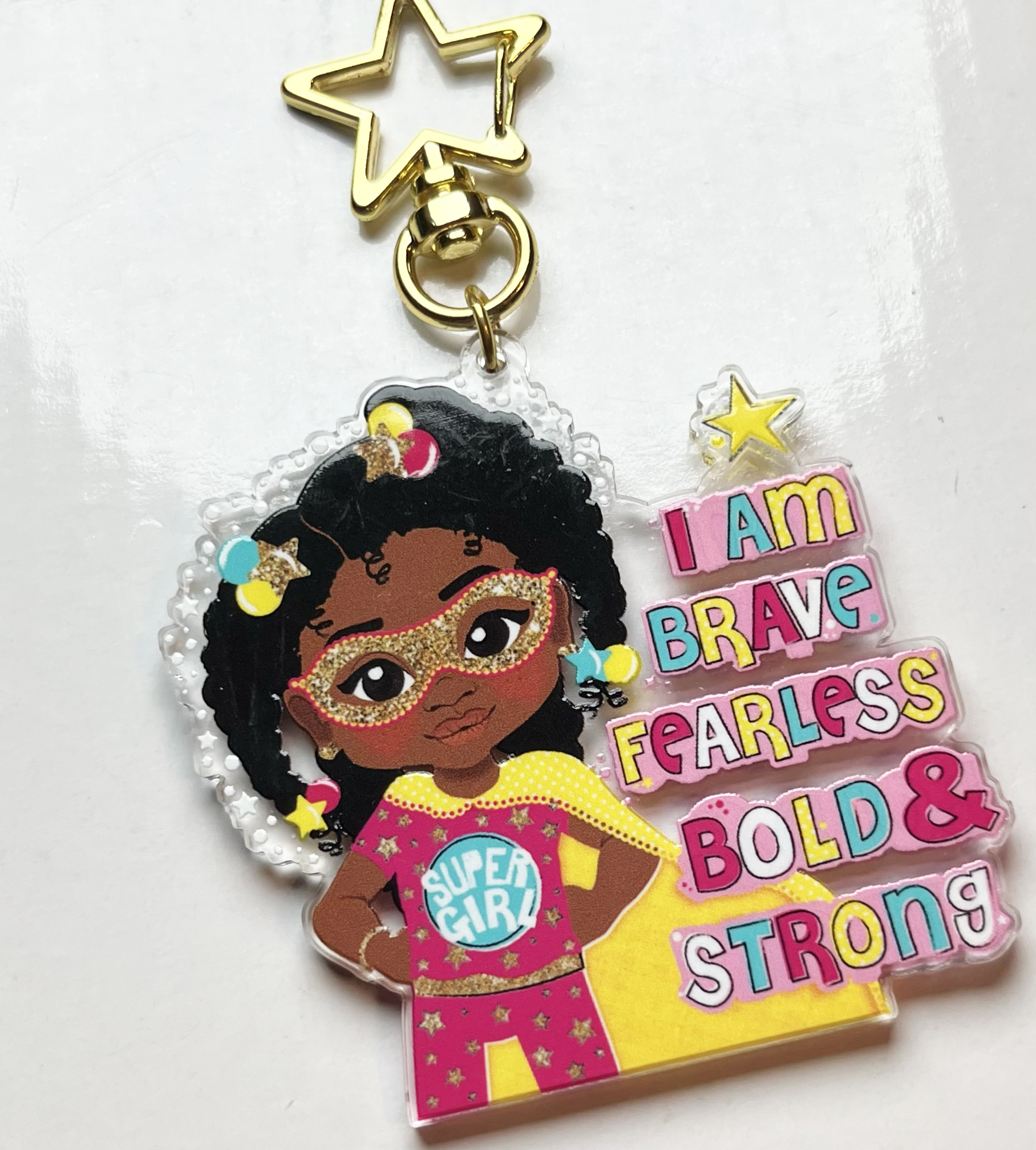 Fefus Designs - Wholesale Keychain - Kids - Black Girl Superhero Keyring – Empowering Recycled Acrylic Bag Charm for Kids | Afro Girl Keychain by Fefus Designs7