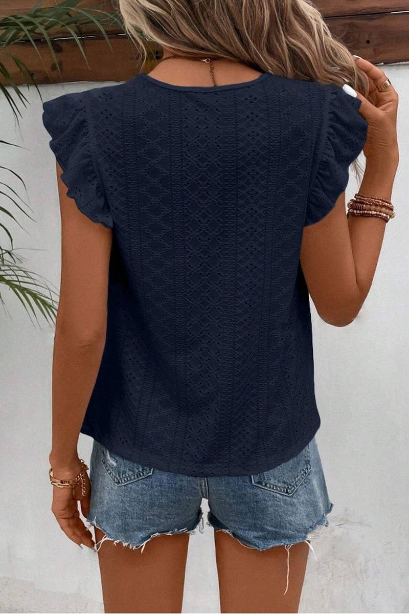 NINEXIS - Wholesale Blouse - Women's - CWTBLS0605_ ROUND NECK LACE RUFFLE SHORT SLEEVE BLOUSE TOP9