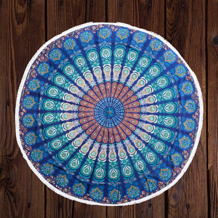 KARMA YOGA SHOP - Wholesale Yoga Mat - “Blue Mandala” round canvas with cotton tassels