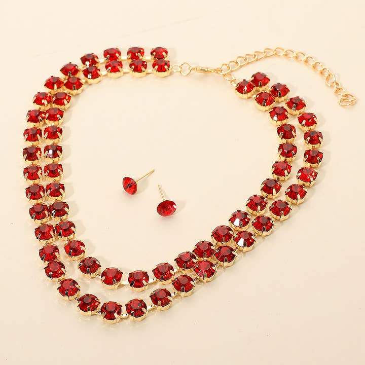 Sensibling Corp. - Wholesale Jewelry Set - Double Row Round Stone Cluster Link Layered Necklace4