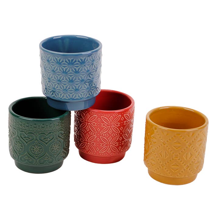 Will's Company - Wholesale Plant Pot - Ceramic Pots with Embossed Design- Red, Yellow, Blue & Green