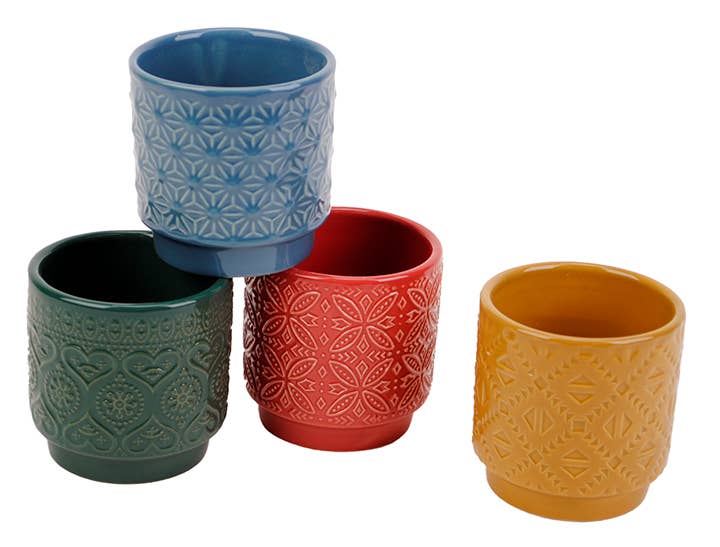 Will's Company - Wholesale Plant Pot - Ceramic Pots with Embossed Design- Red, Yellow, Blue & Green