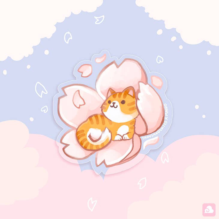 Thousand Skies - Wholesale Sticker - Vinyl Sticker (Transparent) Tabby Cat and Sakura