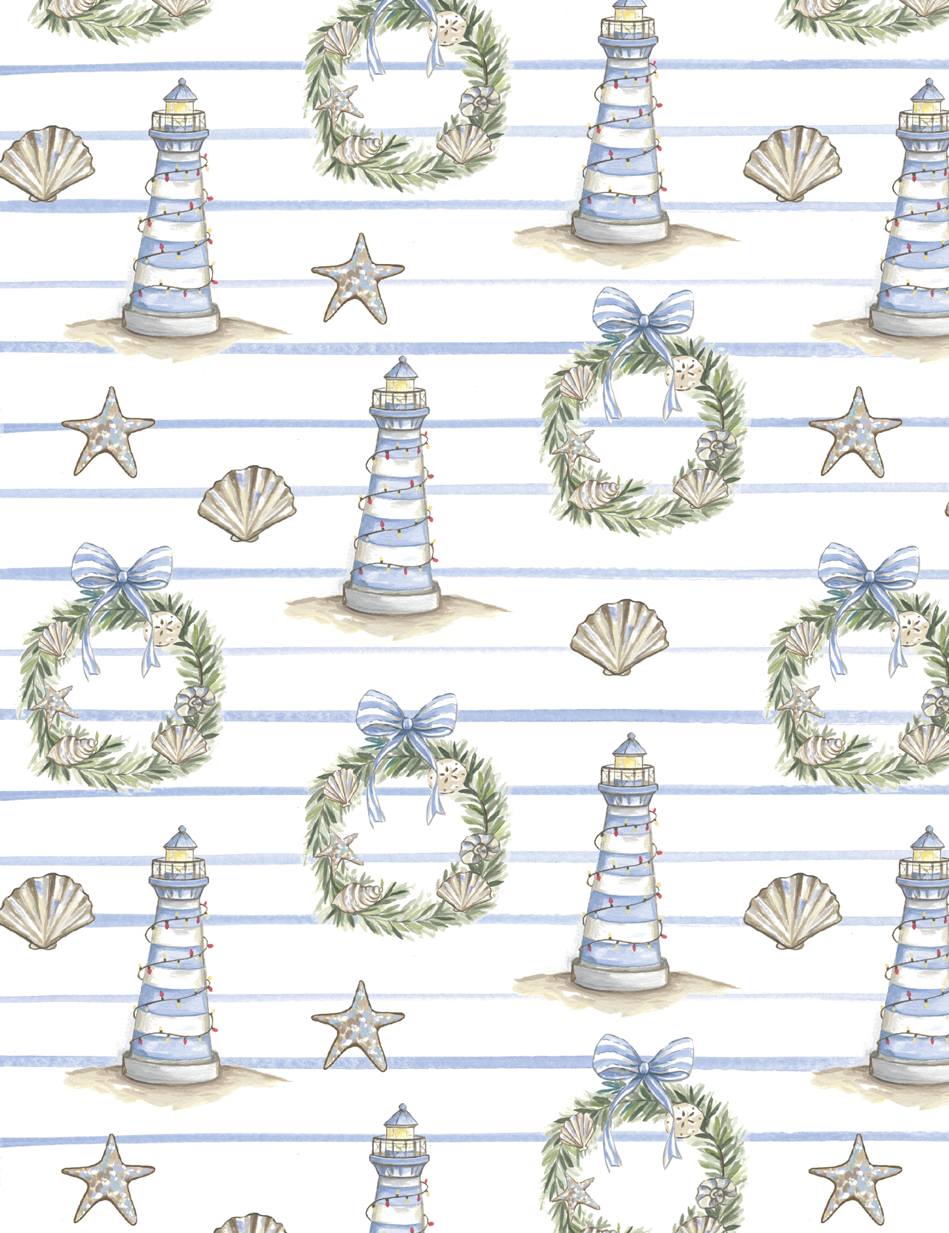 Jessica Frasz Studio - Wholesale Wrapping Paper Roll - Coastal lighthouse Holiday Wrapping Paper1