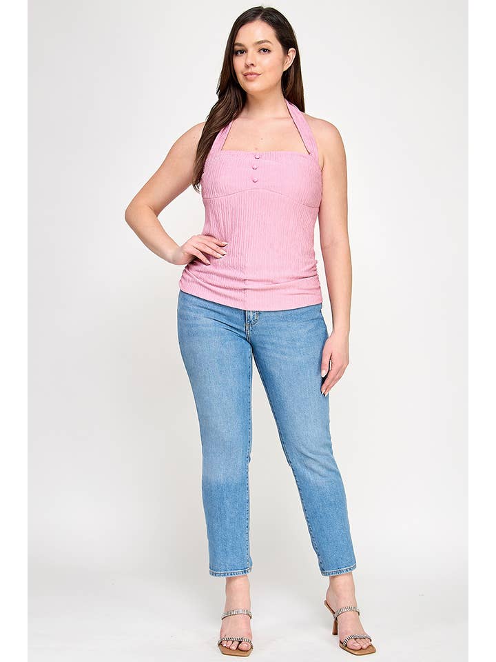 Haute Fox Plus Size & Contemporary - Vendita all'ingrosso Top in maglia - Donna - Top in maglia increspata con laccetto al collo taglie forti - JK18970-T1