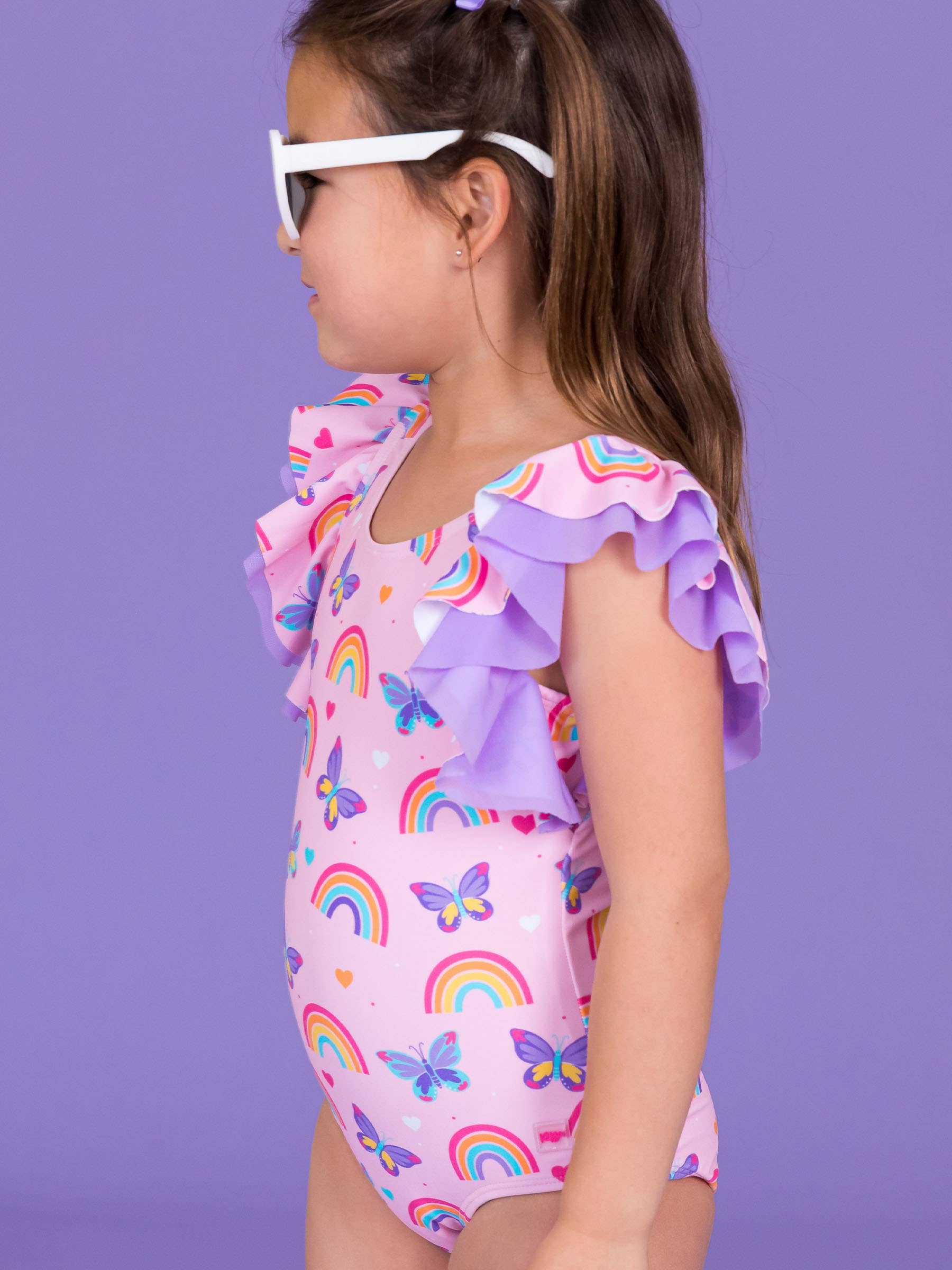 Pink Girls Rainbows & Butterflies Butterfly Sleeve One Piece Swimsuit for wholesale on Faire2