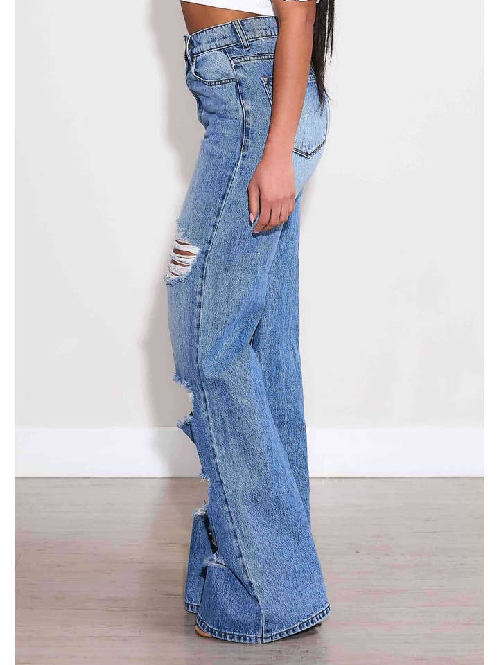 Medium Stone High-Rise Distressed Wide Leg Jeans for wholesale on Faire5
