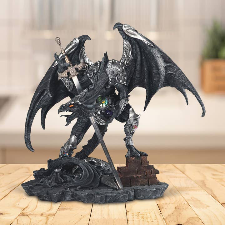 21"W Black Dragon with Sword Figurine Home Decor Gifts for wholesale by FC Design