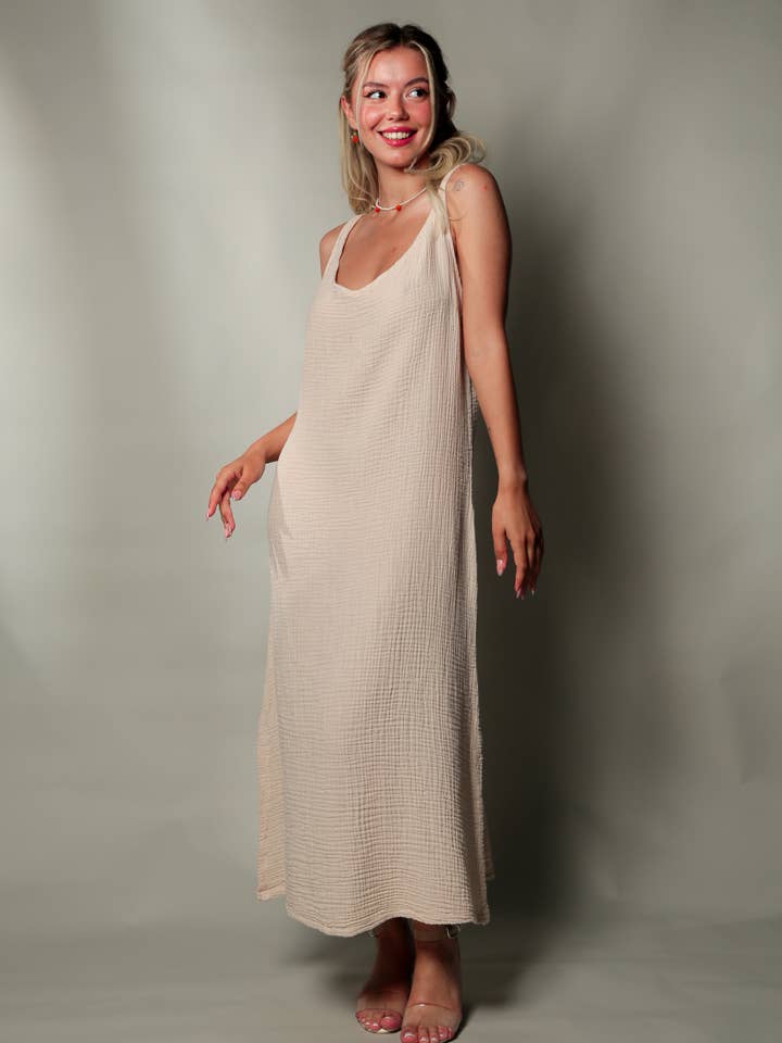Moa – wholesale Klänning - Dam – Dubbel Gauze Beige Muslin Ärmlös Cami-klänning