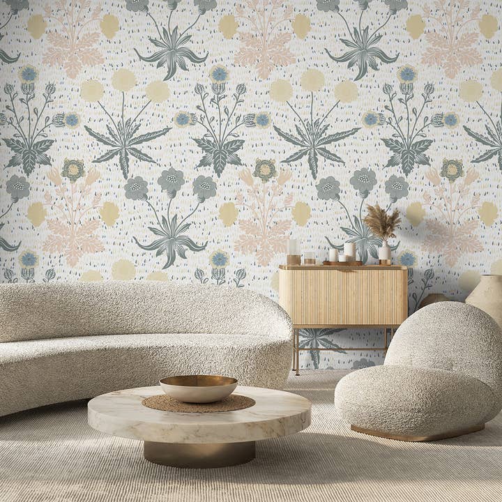 Blommig plantskola tapet, Pastell botanisk väggmålning för wholesale av SimurgWallArts