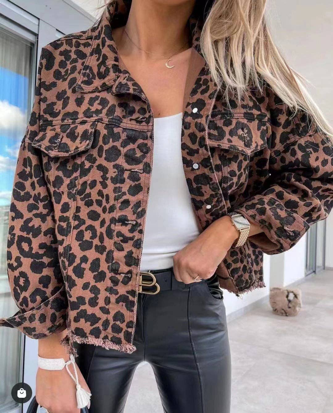 Women's Oversized Long Sleeve Leopard Denim Jacket for wholesale on Faire0