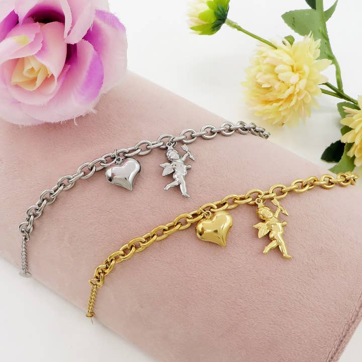 Daemon srls - Wholesale Charm/Dangle Bracelet - CUPID- Bracciale con angelo cupido e cuore bombe' ACCIAIO INOSSIDABILE3