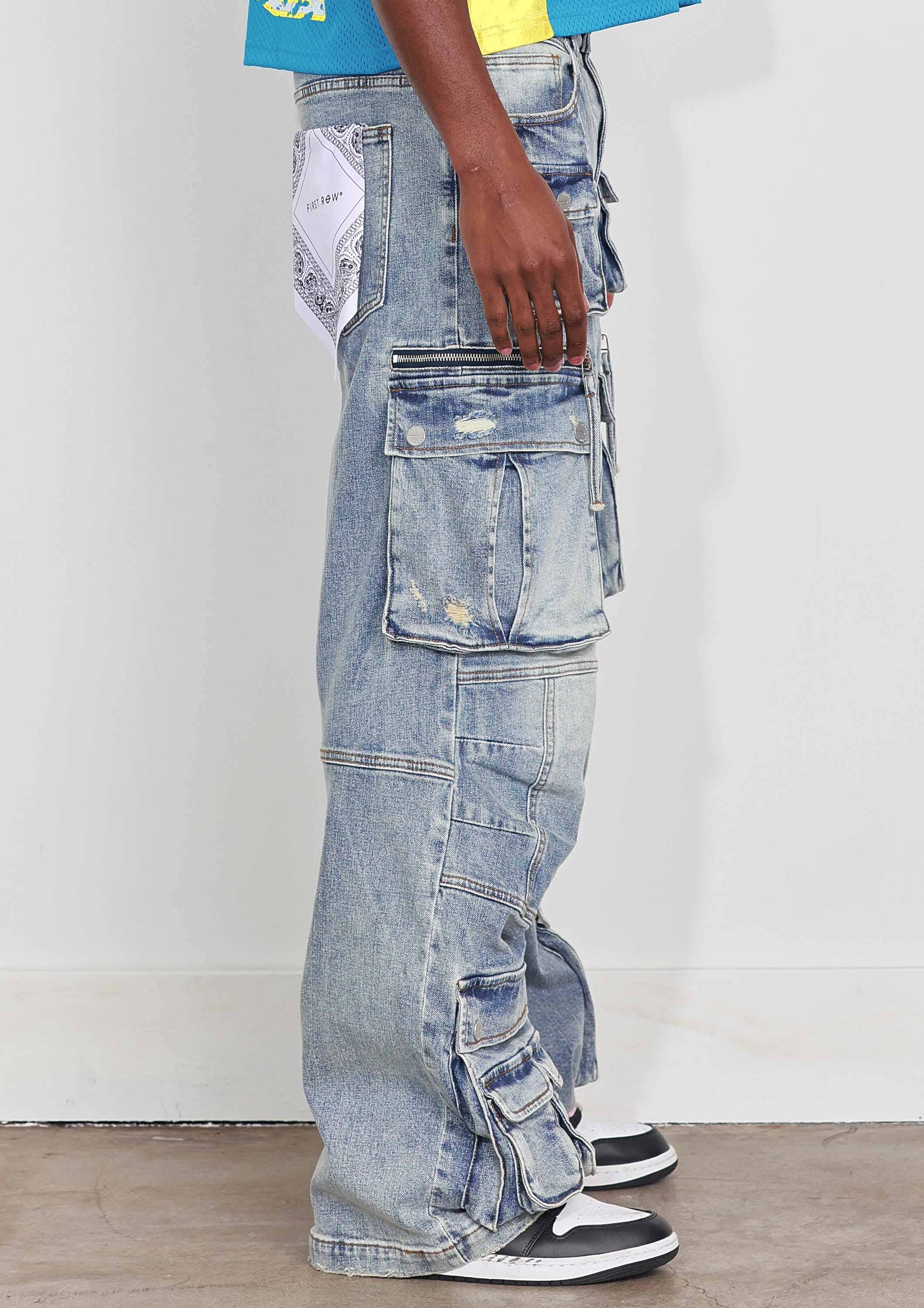 Light Stone Tint WASHED MULTI CARGO DENIM Y2K PANTS for wholesale on Faire5