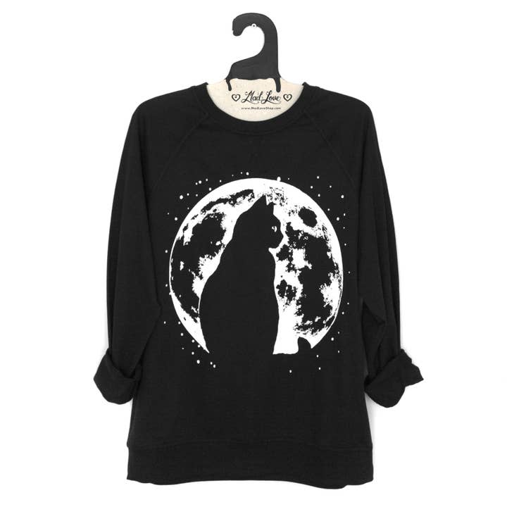 Unisex Lightweight Black Sweatshirt with Cat Moon Print for wholesale by Mad Love Shop