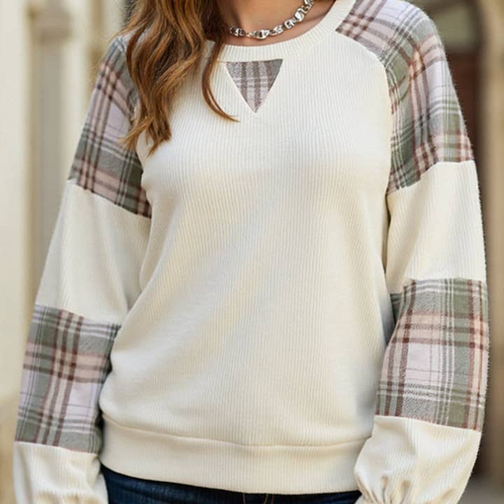 PLAID COLOR CONTRAST PATCHWORK ROUND NECK HOODIE for wholesale by Lovenne