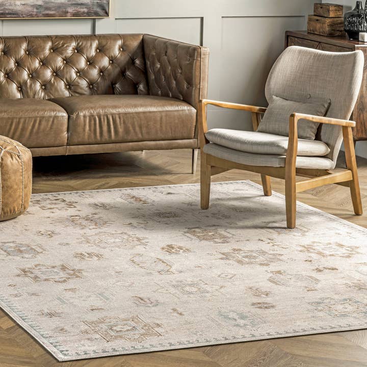 Beige Krystin Distressed Machine Washable Area Rug for wholesale on Faire
