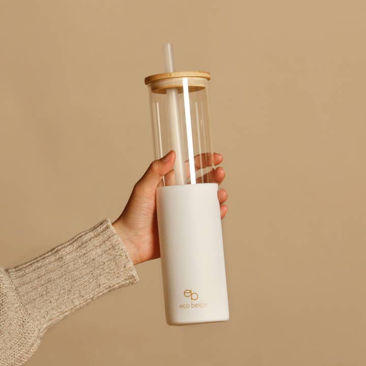 Eco Beige - Vendita all'ingrosso Bicchiere/tazza - Bicchiere sottile in vetro con coperchio in bambù 700 ml1