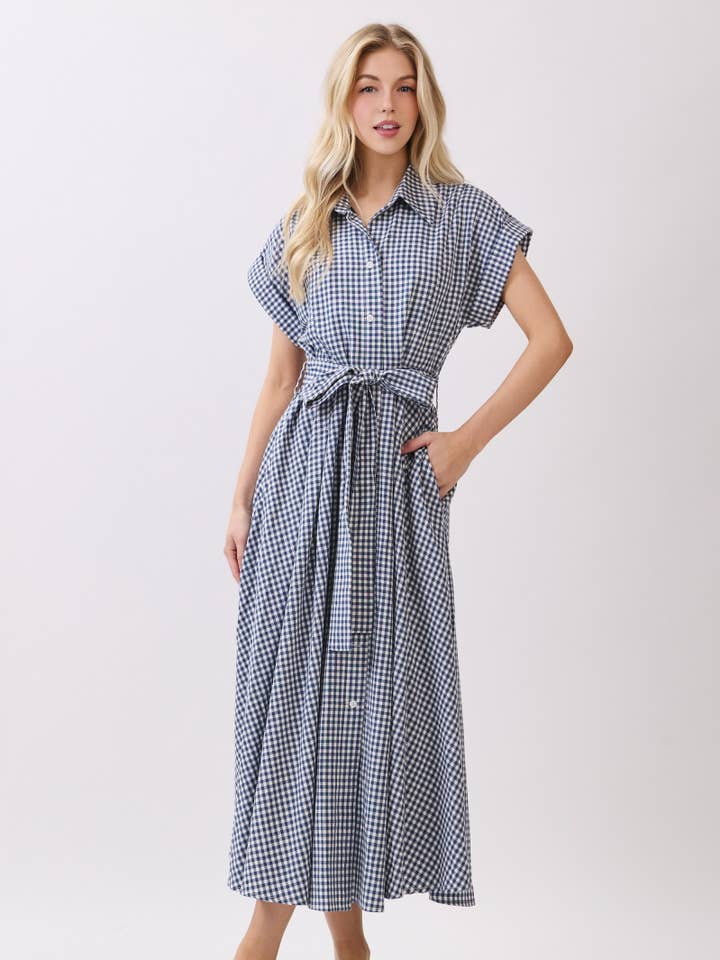 Vestido largo con botones y estampado a cuadros HD3321-AZUL MARINO para venta al por mayor de B I G H I T Fashion