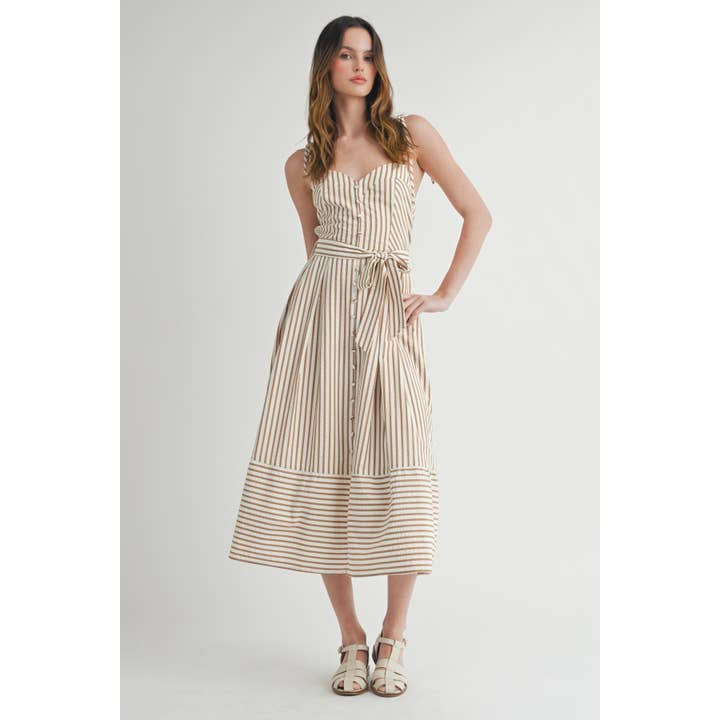 MOCHA WHITE STRIPED SUNDRESS WITH BUTTON-DOWN AND WAIST TIE for wholesale on Faire