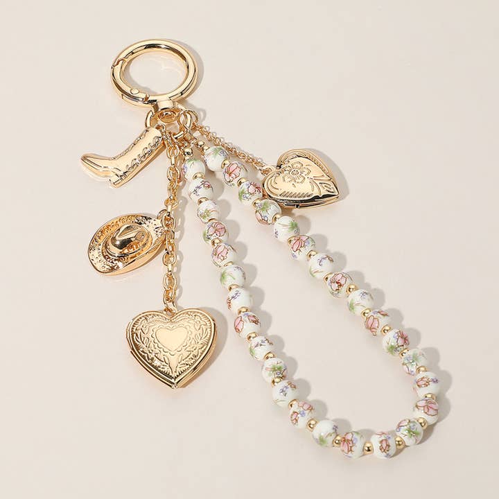 Sensibling Corp. - Wholesale Keychain - Women's - Heart Locket Cowboy Ceramic Ball Wristlet Keychain Bag Charm
