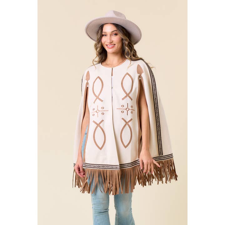 Saints & Hearts - Wholesale Cape - Women's - SIJ5386A CREAM FRINGED CAPE WITH EMBROIDERY14