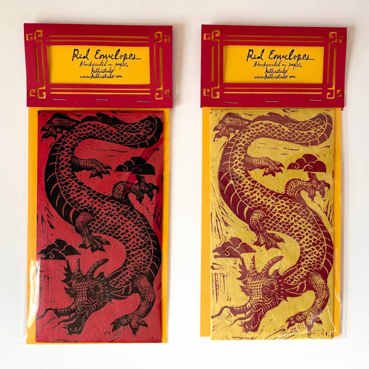 Buste Rosse Stampate a Mano Drago per la vendita all'ingrosso da parte di Kathie Studio