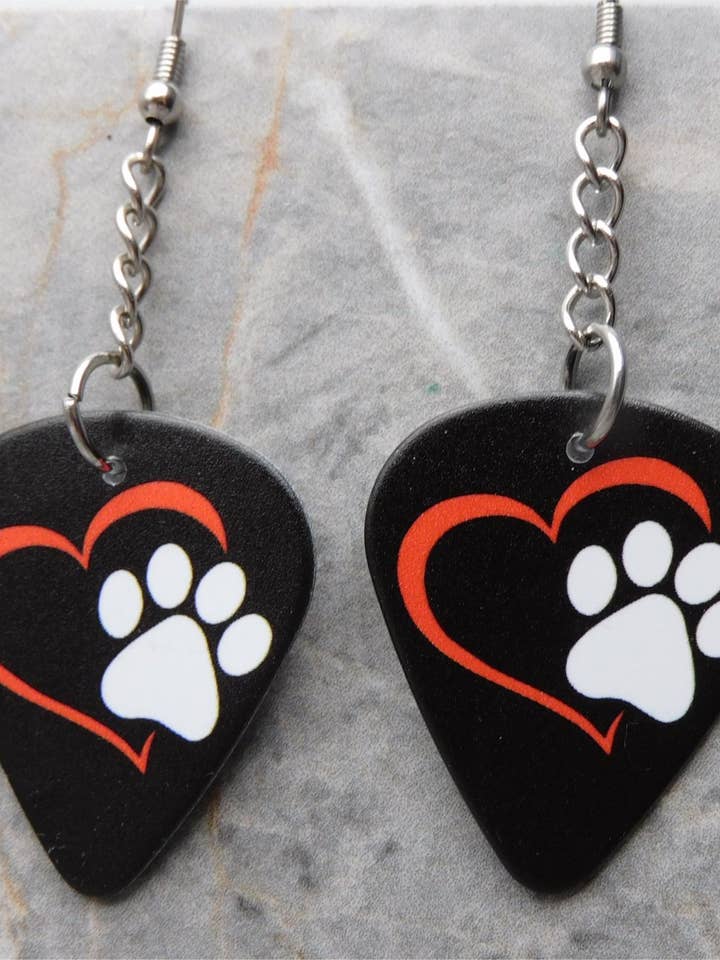 Paw Print and Heart Dangling Guitar Pick Earrings for wholesale by Simply Raevyn
