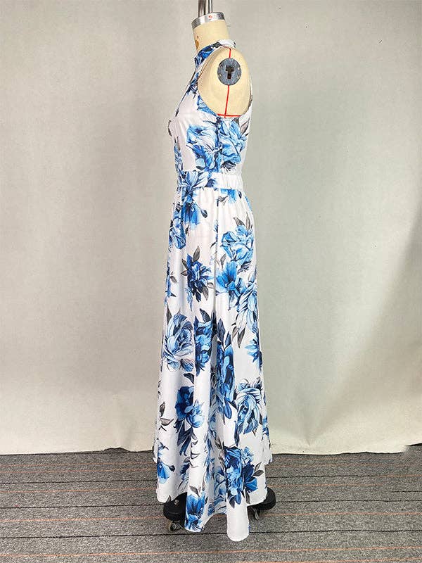 BLUE WHITE A-Line High Waisted Contrast Color Flower Print Pleated Halter-Neck Maxi Dresses for wholesale on Faire4