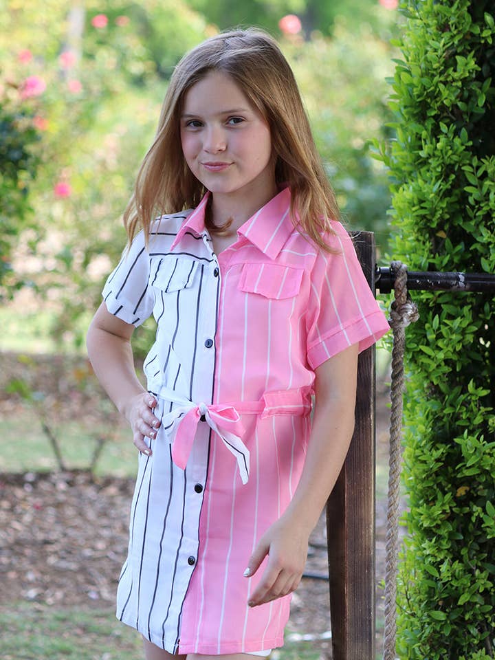 Pink & white stripe printed sheer dress SY-DLH4080K SOL for wholesale by Kids Charm Online