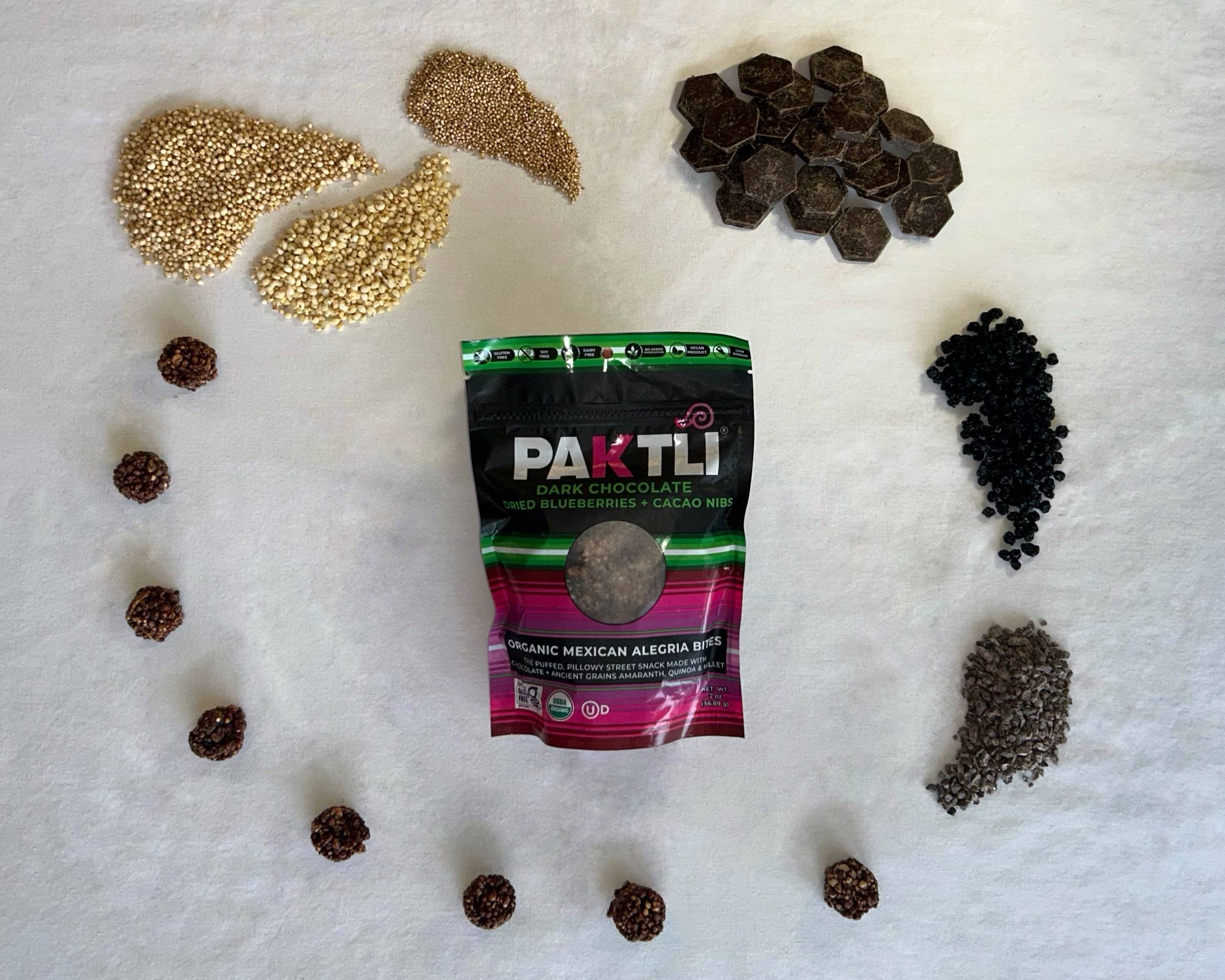 Paktli Foods - Wholesale Chocolate Covered Sweets - NEW Dark Chocolate Alegria Bites+Blueberries/Cacao Nibs10