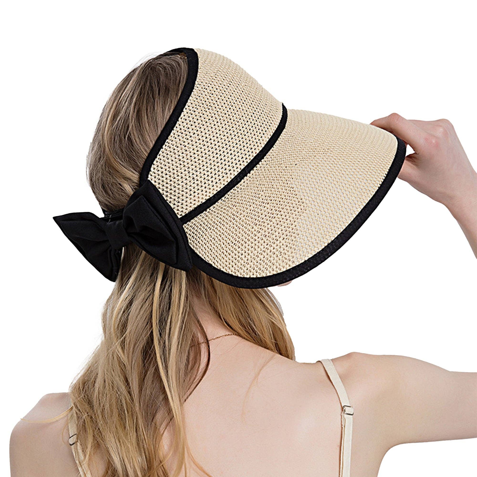 AK Brand – wholesale Visor – Women's – Women Roll-Up Straw Sun Visor with Bow Detail Adjustable Hat6
