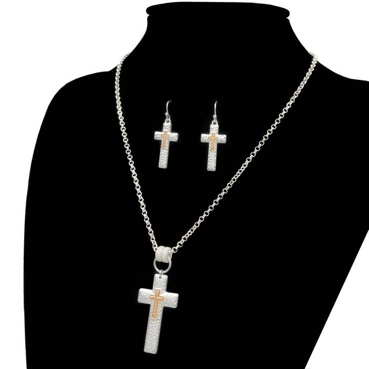 Gold Cross Matte Silver Necklace Earrings Set for wholesale by Lunar Deer