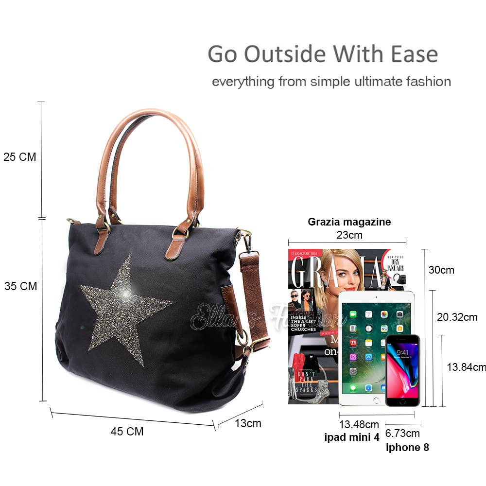 Ellas Trading – wholesale Shoulder bag – women's – Sparkling Glitter Star Canvas Expandable Shoulder Tote1