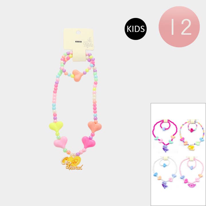 12 SET OF 2 - GO AHEAD CHEER UP Message Heart Pendant Beaded Kids Bracelet Necklace Sets for wholesale by Sensibling Corp.