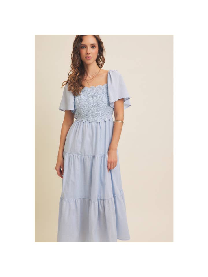 in february - Wholesale Dress - Women's - TIERED FLORAL CROCHET MIDI DRESS WITH FLUTTER SLVS