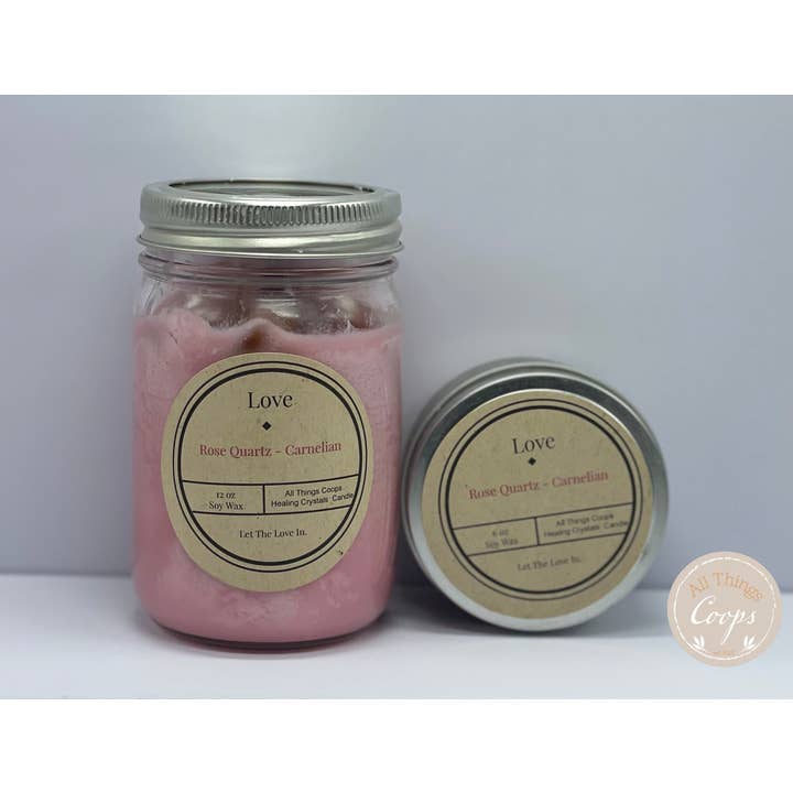 All Things Coop – wholesale Jar/filled candle – Love Crystal Candle- Rose Quartz Candle, Carnelian Candle, Reiki Healing Candles, Healing Crystals Candle