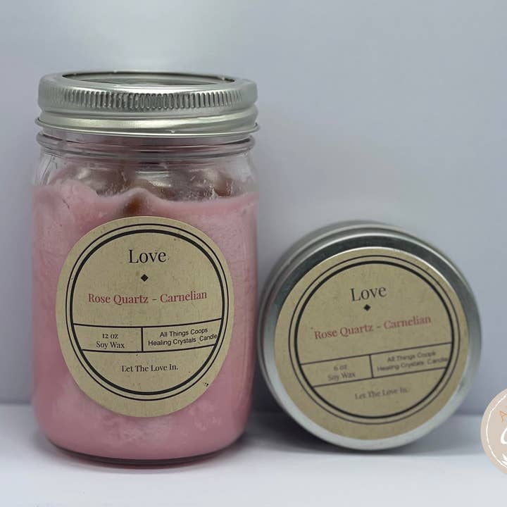 All Things Coop – Großhandel Kerze im Glas / gefüllte Kerze – Love Crystal Candle - Rosenquarz-Kerze, Karneol-Kerze, Reiki-Heilkerzen, Heilkristalle Kerze0